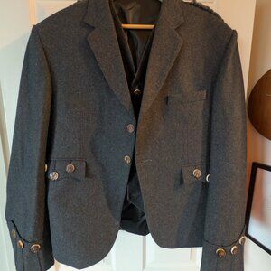 Scottish Grey Tweed Crail Wool Argyle Kilt Jacket With Vest 44L